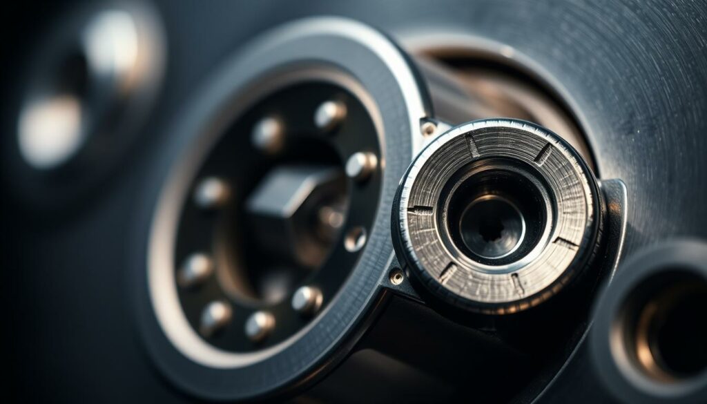 A close-up shot of a highly specialized SKG Zylinder (SKG cylinder) lock, showcasing its intricate design and heavy-duty construction. The lock is captured in sharp focus, with a shallow depth of field that blurs the background, drawing the viewer's attention to the intricate details of the cylindrical lock mechanism. Crisp studio lighting illuminates the metallic surfaces, highlighting the precision engineering and robust materials used in its manufacture. The image conveys a sense of quality, durability, and security, perfectly suited to illustrate the section on "Speziell gehärtete Zylinderschlösser" (specially hardened cylinder locks) in the article "Schloss aufbohren – Welcher Bohrer ist ideal?".