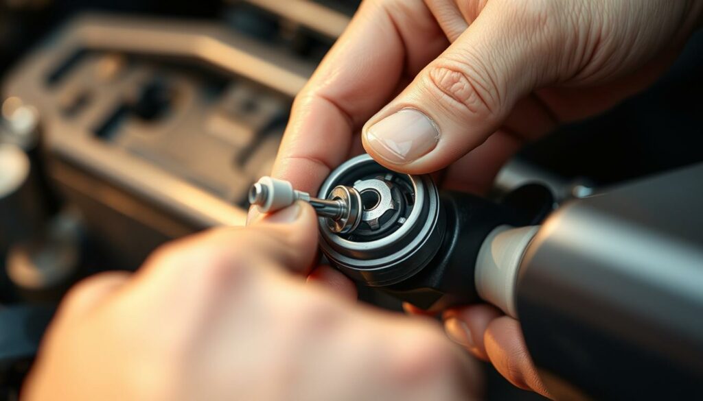 A close-up view of a mechanic's hands carefully removing a car's cylinder lock, showcasing the intricate workings and the precision required for this delicate task. The lighting is warm and focused, casting subtle shadows that highlight the tactile nature of the process. The background is blurred, placing the viewer's attention squarely on the subject matter. The scene conveys a sense of skilled craftsmanship and the importance of this step in the overall process of key extraction, perfectly aligning with the section title "Schießzylinder ausbauen".