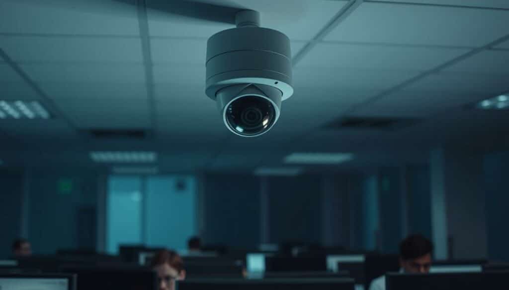 A dimly lit office space, with a surveillance camera mounted discretely on the ceiling, its red power light indicating its active presence. Employees sit at their desks, their faces partially obscured by the ambient light, the camera's gaze ever vigilant. The atmosphere is one of subtle unease, as the lines between privacy and productivity are blurred by the constant monitoring. The camera's lens, a cold, unblinking eye, captures the scene with a sense of detachment, the only sound the soft hum of the office equipment. The image conveys the complex and often contentious nature of workplace surveillance, where the balance between security and individual rights remains a delicate and evolving issue.