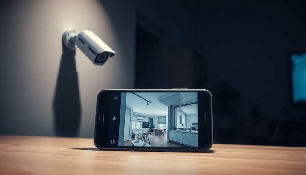 A dimly lit room with a surveillance camera mounted on the wall, casting a soft, ambient glow. In the foreground, a sleek, modern control panel with various settings and options, meticulously arranged. The middle ground features a smartphone display, showcasing the live feed from the camera, with clear, high-definition visuals. The background subtly blends the room's architectural details, creating a sense of depth and sophistication. The overall atmosphere conveys a balanced mix of security, technology, and efficiency, perfect for illustrating the "Tipps zur optimalen Nutzung der Überwachungskamera" section.
