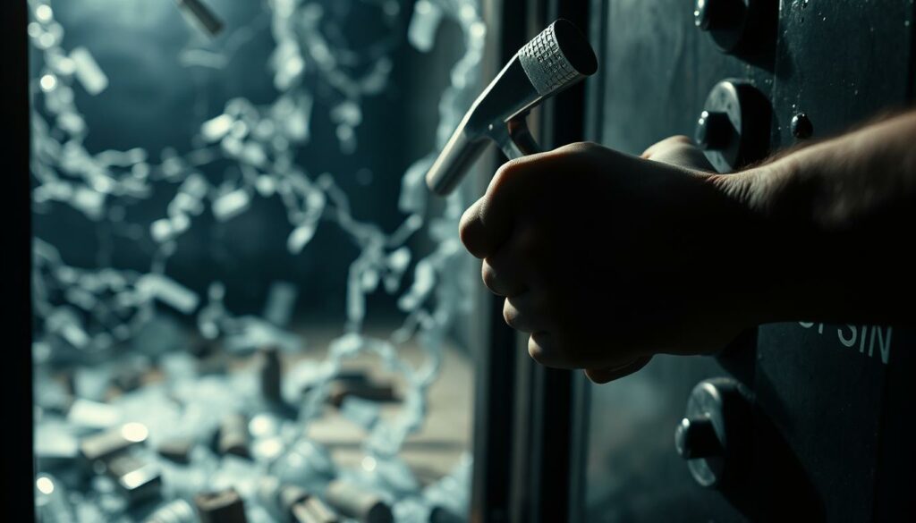 A dimly lit scene, with a blurry background of shattered glass and twisted metal. In the foreground, a hand gripping a crowbar, poised to pry open a locked safe. The lighting casts ominous shadows, creating a sense of tension and unease. The atmosphere is one of desperation and recklessness, suggesting the potential for damage and harm. The overall composition conveys the message that using force and violence to gain access often leads to unintended and costly consequences.
