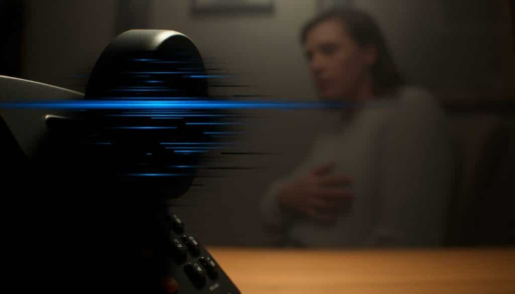 A distorted image of a telephone handset, the receiver emitting interference patterns and glitches, disruptively obscuring the user's face. The foreground is bathed in an eerie bluish glow, while the background fades into a hazy, indistinct blur, evoking a sense of unease and surveillance. The lighting is dramatic, with sharp contrasts and shadows, creating a tense, unsettling atmosphere. The angle is slightly tilted, adding a sense of unbalance and disorientation. The overall effect suggests the presence of hidden cameras interfering with the normal communication, hinting at the theme of surveillance and the need to be aware of its potential disruptions.