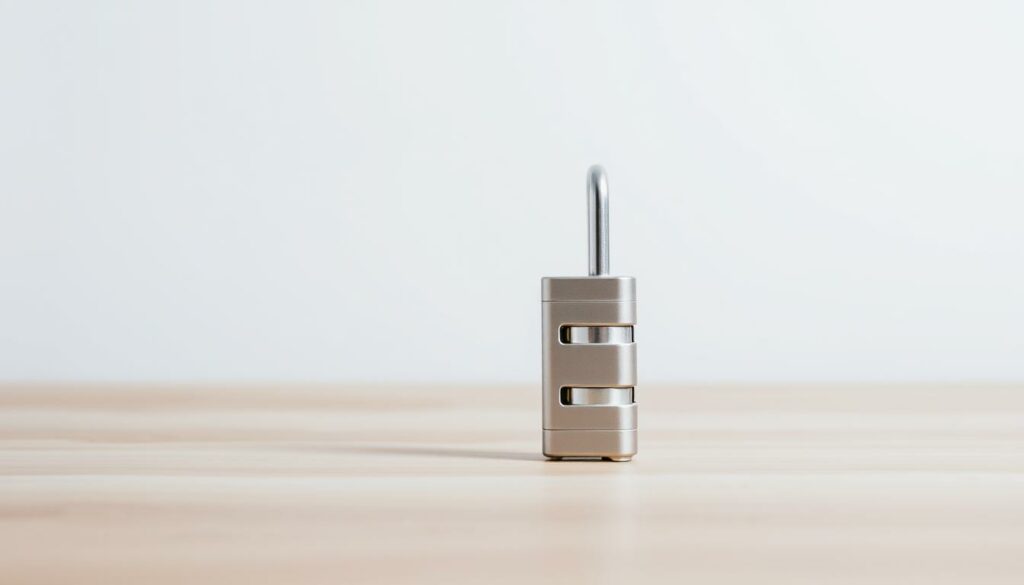 A high-quality image of a TSA-approved travel lock, showcased against a clean, minimal background. The lock should be positioned prominently in the foreground, capturing its intricate design and secure locking mechanism. Use soft, directional lighting to highlight the metallic finishes and create a sense of depth. Include a mid-ground that subtly references the "Schloss" (German for "lock") in the title, perhaps a simple, geometric shape or pattern. In the background, suggest a neutral, yet slightly textured surface, such as a wood grain or lightly patterned fabric, to provide context without distracting from the main subject. Overall, the image should convey a sense of practicality, security, and attention to detail, fitting the theme of "Wichtige Kaufkriterien für TSA-Schlösser".