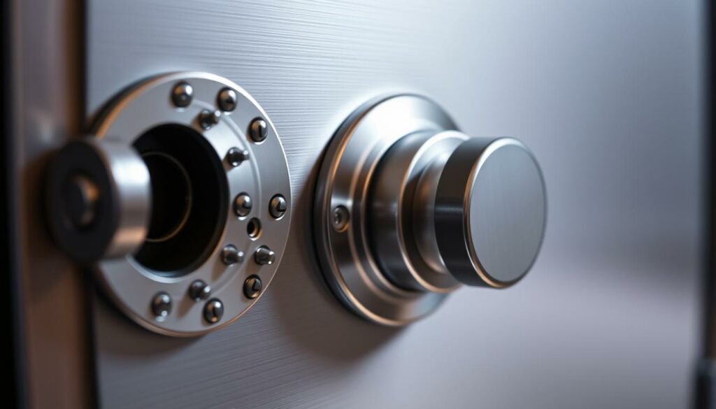 A high-quality, well-lit close-up shot of various lock mechanisms and security features of a premium-grade home safe. The foreground showcases the intricate tumbler system, bolt mechanisms, and reinforced door hinges in exquisite detail, with a focus on the precision engineering and craftsmanship. The middle ground features the safe's sleek, minimalist exterior with a matte, brushed metal finish, conveying a sense of durability and reliability. The background is softly blurred, emphasizing the technical aspects of the security hardware. The overall image radiates a professional, high-end aesthetic, perfectly suited to illustrate the "Verschlusssysteme von Tresoren" section of the article.