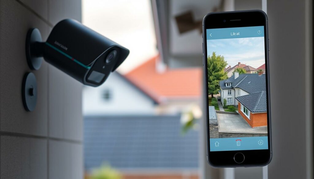 A high-resolution, photorealistic image of a home security camera mounted on an exterior wall, with a smartphone displaying a live video feed from the camera. The camera has a sleek, unobtrusive design with a matte black or gray finish. The smartphone screen shows a clear, detailed view of the camera's field of vision, highlighting the security and surveillance capabilities. The background features a partially blurred suburban or urban setting, emphasizing the camera's role in monitoring the environment. The overall scene conveys a sense of vigilance, safety, and data privacy, aligning with the article's focus on "Sicherheitsaspekte und Datenschutz".