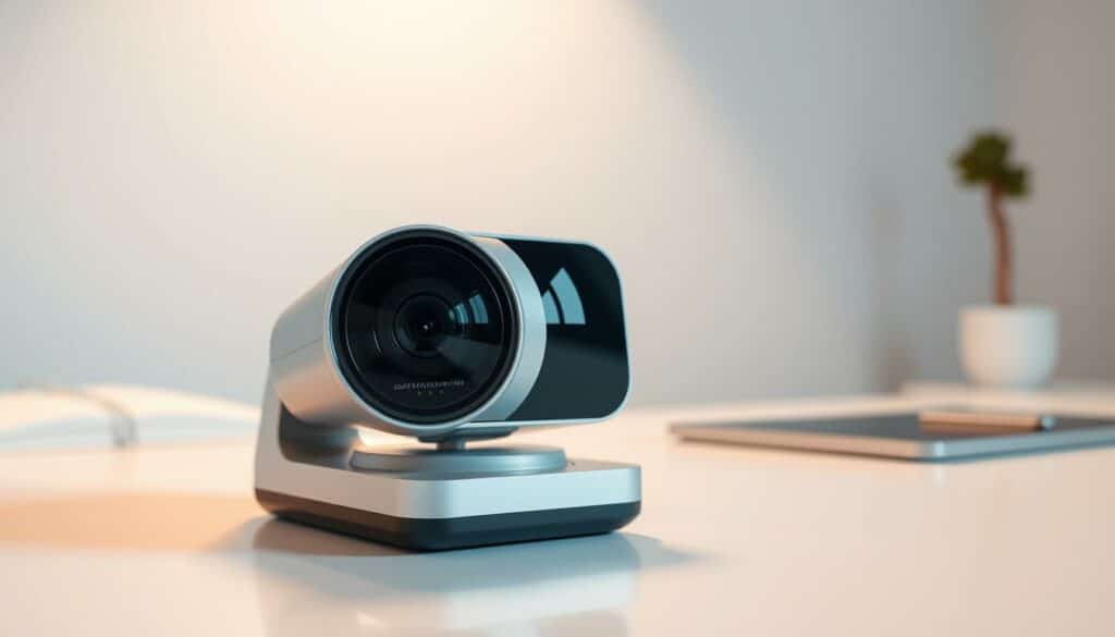 A modern and sleek-looking Bild-Flip surveillance camera resting on a minimalist desk, with a clean, uncluttered background. The camera is positioned at an eye-level angle, capturing a wide, panoramic view of the surroundings. The lighting is soft and diffused, creating a warm, inviting atmosphere. The camera's lens is clear and precise, reflecting the attention to detail and high-quality craftsmanship. The overall scene conveys a sense of professionalism and practicality, highlighting the key features and capabilities of the Bild-Flip camera that a potential buyer should consider.