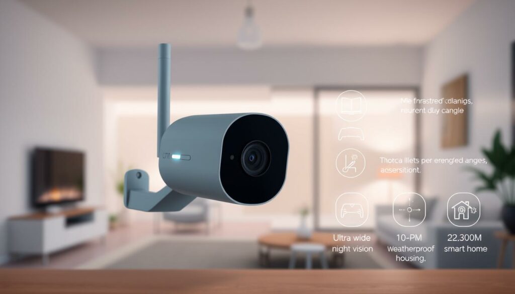 A modern, minimalist composition depicting a consumer's guide to smart home security cameras. In the foreground, a sleek, high-resolution surveillance camera with a minimalist design and a subtle LED indicator light. The middle ground showcases various camera features and specifications, such as ultra-wide viewing angles, night vision, and weatherproof housing, all rendered in a clean, technical style. The background depicts a stylized, simplified domestic interior, emphasizing the camera's seamless integration into a smart home environment. The lighting is soft and diffused, creating a sense of tranquility and security. The overall mood is one of informed, considered purchase decisions, reflecting the article's focus on helping buyers make the right choices for their surveillance needs.