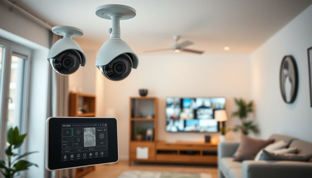 A neatly organized home interior with a prominent security camera system, meticulously installed with precision. The camera lenses are clear and sharp, capturing the scene in high definition. Soft, diffused lighting illuminates the space, creating a sense of safety and comfort. In the foreground, a minimalist control panel displays real-time monitoring data, while in the background, a large display screen showcases multiple camera feeds, providing a comprehensive overview of the home's security. The overall atmosphere conveys a balance of cutting-edge technology and a well-thought-out, user-friendly design, reflecting the "Sicherheitstipps für Heimüberwachungssysteme" theme.