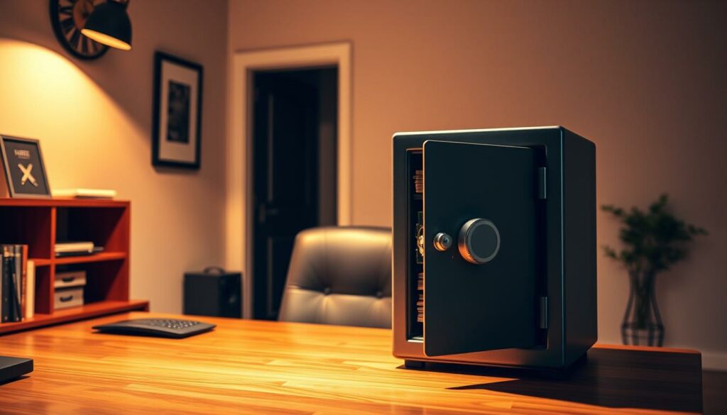 A safe, well-lit home office interior with a sturdy wooden desk and a metal safe prominently displayed. The safe's door is slightly ajar, revealing stacks of neatly arranged cash. The room is bathed in warm, directional lighting that casts subtle shadows, highlighting the texture and detail of the materials. The walls feature neutral tones and minimal decor, creating a clean, professional atmosphere. The overall scene conveys a sense of security and the importance of properly insuring one's valuables, in line with the article's subject matter.