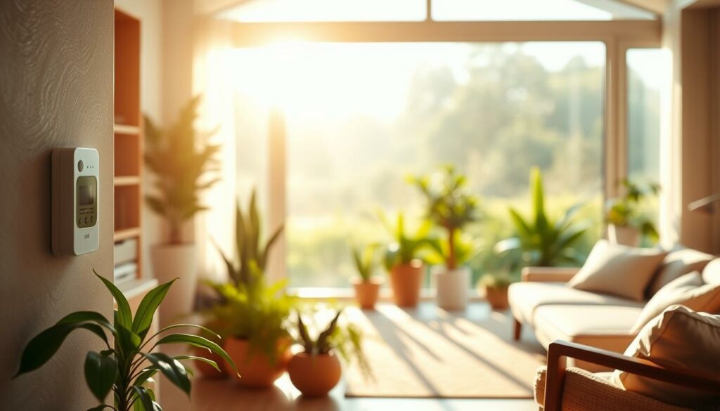 A serene and minimalist eco-friendly alarm system, bathed in warm natural light. The foreground features a sleek, unobtrusive alarm panel with subtle green accents, blending seamlessly into a modern, sustainable home interior. In the middle ground, tasteful houseplants and natural wood accents create a calming, biophilic ambiance. The background showcases an expansive, sun-dappled garden vista through large windows, emphasizing the system's integration with the environment. The overall mood is one of harmony, efficiency, and a responsible approach to home security.