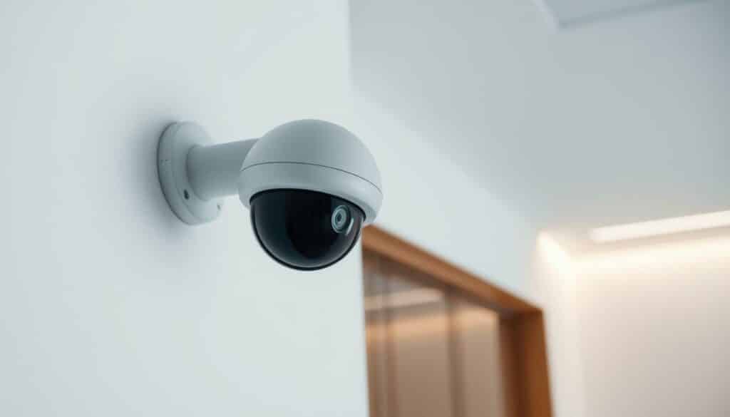 A sleek, modern surveillance camera mounted on a pristine white wall, casting a soft, indirect lighting across a clean, minimalist interior. The camera's lens is focused and unobstructed, capturing a wide, high-definition view of the space. The background showcases a subtle, neutral color palette, drawing attention to the camera's sophisticated design. The overall composition conveys a sense of efficiency, reliability, and discretion - qualities that would be desirable for a surveillance camera tailored to recommended tariff plans.