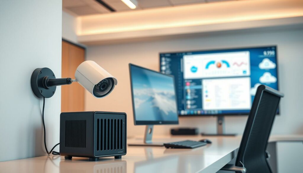 A sleek, well-lit office interior with a desk featuring a modern desktop computer and a high-resolution security camera mounted on the wall. The camera is connected to a compact network-attached storage (NAS) device, showcasing the local storage option for surveillance footage. In the background, a large monitor displays cloud storage dashboards, contrasting the cloud-based storage alternative. The scene conveys a professional, technology-focused atmosphere, emphasizing the comparison between local and cloud-based storage solutions for surveillance camera systems.