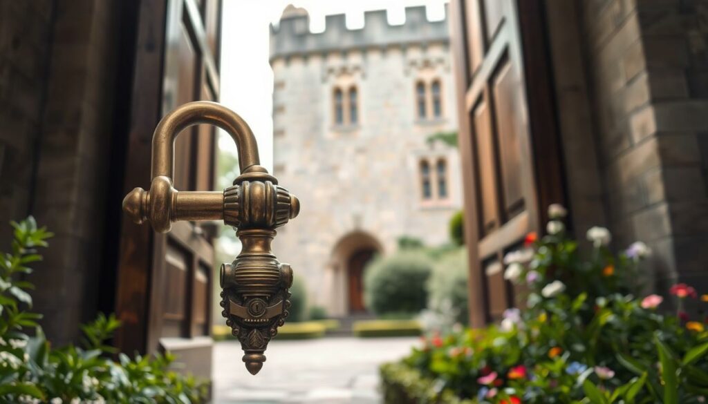 A stately castle entrance, the heavy wooden door ajar, sunlight streaming through. In the foreground, a intricate ornate lock mechanism, its polished brass gleaming. Surrounding it, a meticulously maintained garden, lush greenery and vibrant flowers framing the scene. In the middle ground, the castle's stone facade, weathered but sturdy, speaks of its long history. Soft, diffuse lighting bathes the entire composition, evoking a sense of timeless elegance. The angle is slightly low, emphasizing the grandeur of the architecture. The overall mood is one of well-preserved tradition and careful maintenance, a visual embodiment of "Schlosspflege" - the diligent care and upkeep of a historic castle.