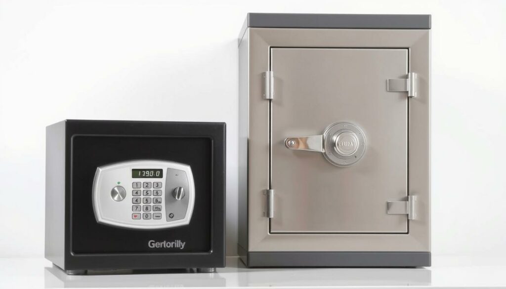 A well-lit, detailed comparison of a safe and a traditional steel-reinforced wall-mounted home/office tresor. The safe is shown in the foreground, sleek and modern, with a prominent digital keypad for locking/unlocking. The tresor is in the middle ground, a sturdy metal cube with a large handle-operated combination lock. The background depicts a plain white wall, emphasizing the contrast between the two security devices. The lighting is crisp and even, highlighting the materials and textures of the safe and tresor. The overall mood is one of functional security and organizational clarity.