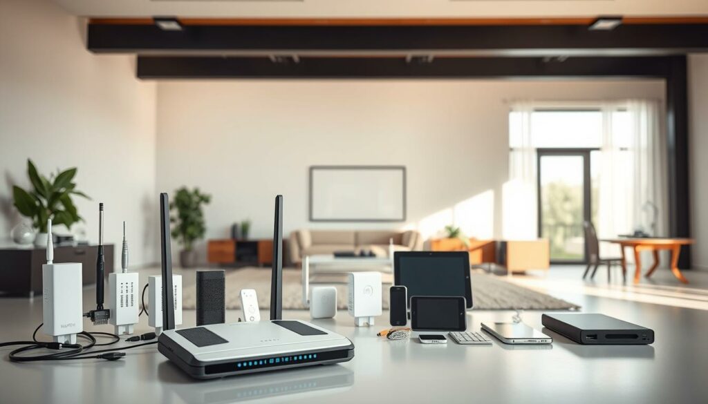 A well-lit, expansive interior space showcasing a series of technical networking devices. In the foreground, a modern Wi-Fi router stands prominently, its antennas extended to maximum reach. Alongside it, an array of signal boosters, range extenders, and ethernet cables are neatly arranged, conveying a sense of effective solutions for improving wireless coverage. The middle ground features various electronic devices, such as smartphones, tablets, and laptops, demonstrating the connectivity and improved WLAN range. In the background, a sleek, minimalist home or office environment provides a clean, uncluttered backdrop, allowing the networking equipment to be the focal point. The scene is illuminated by soft, natural lighting, creating a warm, inviting atmosphere conducive to effective wireless communication.