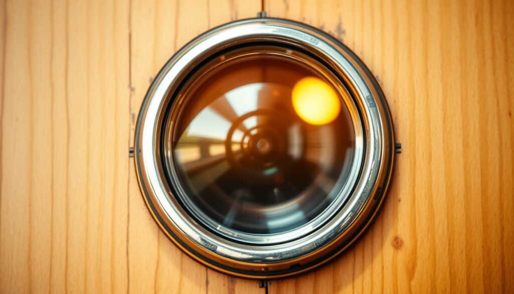 A well-lit, high-quality close-up photograph of a home security door peephole, or "Türspion" in German. The peephole is centered in the frame, capturing its intricate metallic construction and glass lens with crisp detail. Warm, natural lighting from the front softly illuminates the reflective surface, highlighting its functional yet elegant design. The background is blurred, placing the peephole as the sole point of focus, emphasizing its importance for home safety and privacy. The image conveys a sense of security, practicality, and the need for proper maintenance to ensure the peephole remains in optimal working condition.