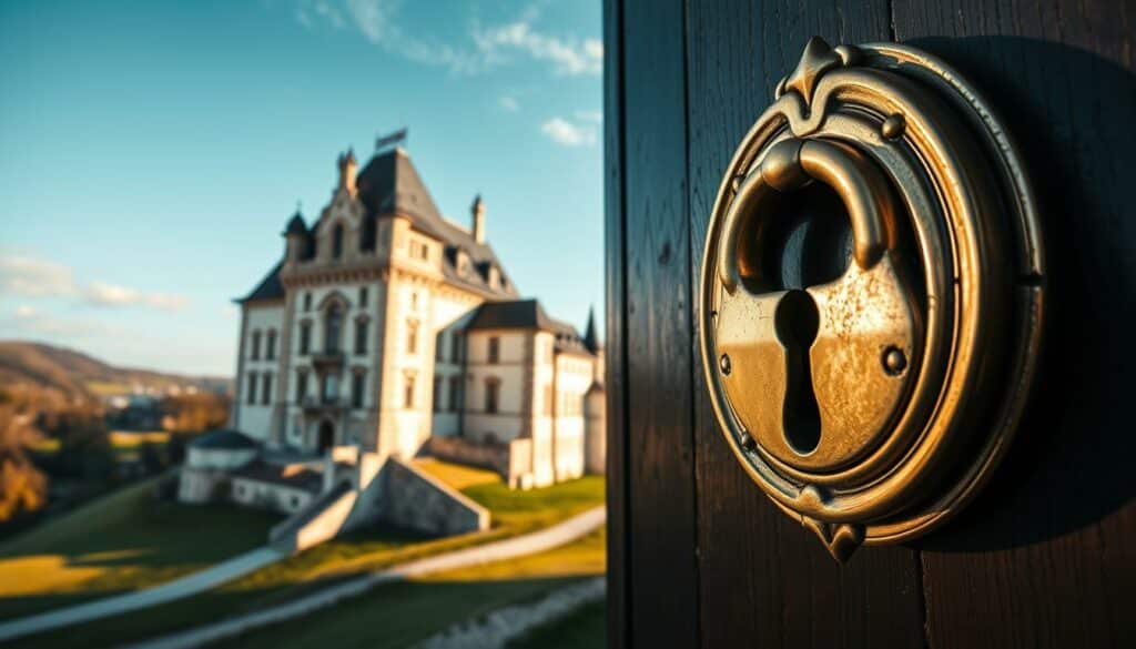 A well-lit, high-resolution image of a classic German castle, Schloss Reinigung, set against a picturesque rural landscape. The castle's facade features intricate architectural details, including ornate stone carvings, arched windows, and a grand entrance. In the foreground, a close-up view of a polished, brass door handle and keyhole, reflecting the image of the castle. The lighting casts soft, warm shadows, highlighting the craftsmanship and age of the lock mechanism. The background includes a rolling hillside dotted with trees, a cloudless blue sky, and the faint silhouette of a nearby village, conveying a sense of tranquility and history. The overall tone is one of meticulous preservation and care for the castle's heritage.