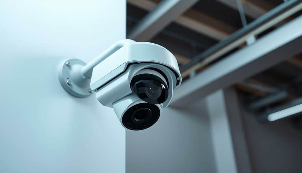 A well-lit scene of a professional-grade PoE (Power over Ethernet) security camera system. The camera has a modern, sleek design with a high-resolution lens and adjustable mounting for optimal positioning. The setup is showcased in a minimalist, industrial-style interior, with clean lines and neutral tones to highlight the technical aspects. Soft, directional lighting illuminates the camera, casting subtle shadows that convey its sturdy construction. The camera is positioned discreetly, blending seamlessly into the environment, reflecting its purpose as a reliable and unobtrusive surveillance solution.
