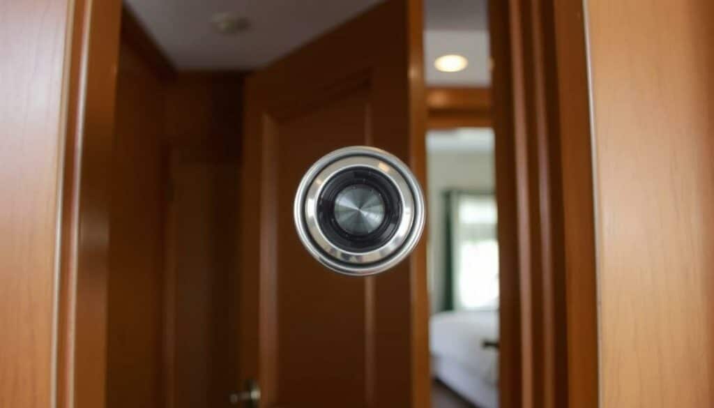 A well-maintained and properly adjusted door viewer, showcased in a warm, inviting interior. The viewer is centered in the frame, its metal surface polished to a shine, reflecting the soft, even lighting of the room. The surrounding woodwork, painted in a rich, earthy tone, frames the viewer elegantly. In the background, a partially open door offers a glimpse into an adjacent space, hinting at the larger context. The overall scene conveys a sense of care, attention to detail, and a welcoming atmosphere, perfectly suited to illustrate the article's subject of proper door viewer maintenance.