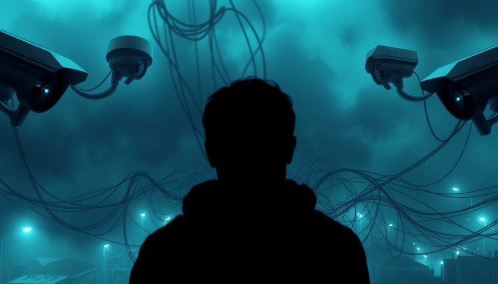 Ominous surveillance cameras loom over a somber cityscape, casting an eerie glow. In the foreground, a person stands, their features obscured, symbolizing the loss of privacy and civil liberties. The middle ground depicts a maze of wires and technology, a tangled web of surveillance infrastructure. The background is shrouded in a hazy, foreboding atmosphere, conveying the sense of a dystopian future where privacy is a distant memory. The scene is lit with a cold, blue-tinted light, creating a sense of unease and discomfort. The overall composition and mood reflect the grave consequences of unlawful surveillance, as depicted in the article's "Rechtliche Konsequenzen bei Verstößen" section.