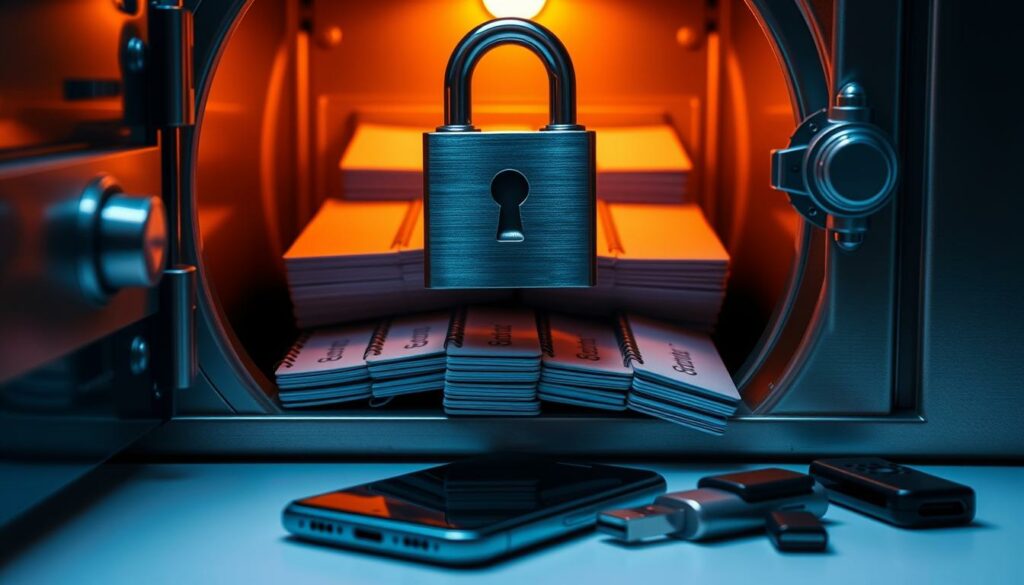 Secure password, a lock against digital intrusion. A metallic safe, its surface gleaming under warm studio lighting, casting dramatic shadows. Inside, rows of password notebooks, each embossed with a unique pattern, symbolizing the individuality of our digital identities. Scattered around, technological devices - a smartphone, USB drive, and fingerprint scanner - representing the modern tools we use to protect our sensitive information. The overall composition conveys a sense of order, control, and the importance of proactive measures to safeguard our digital assets.